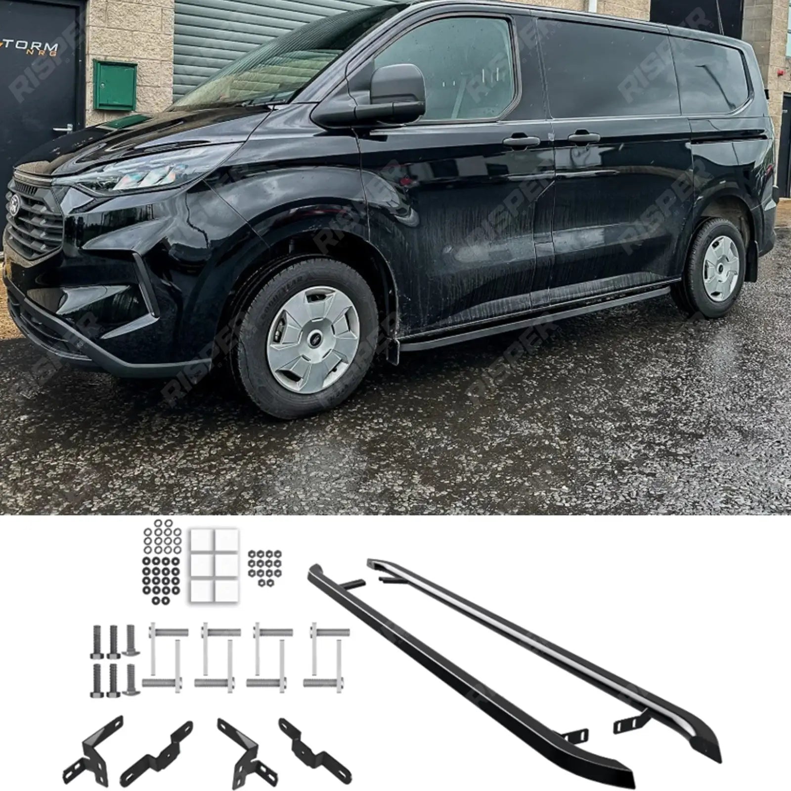 Ford Transit Custom MK2 LWB 2024 On Trapezoid Side Bars In Gloss Black Side Bars