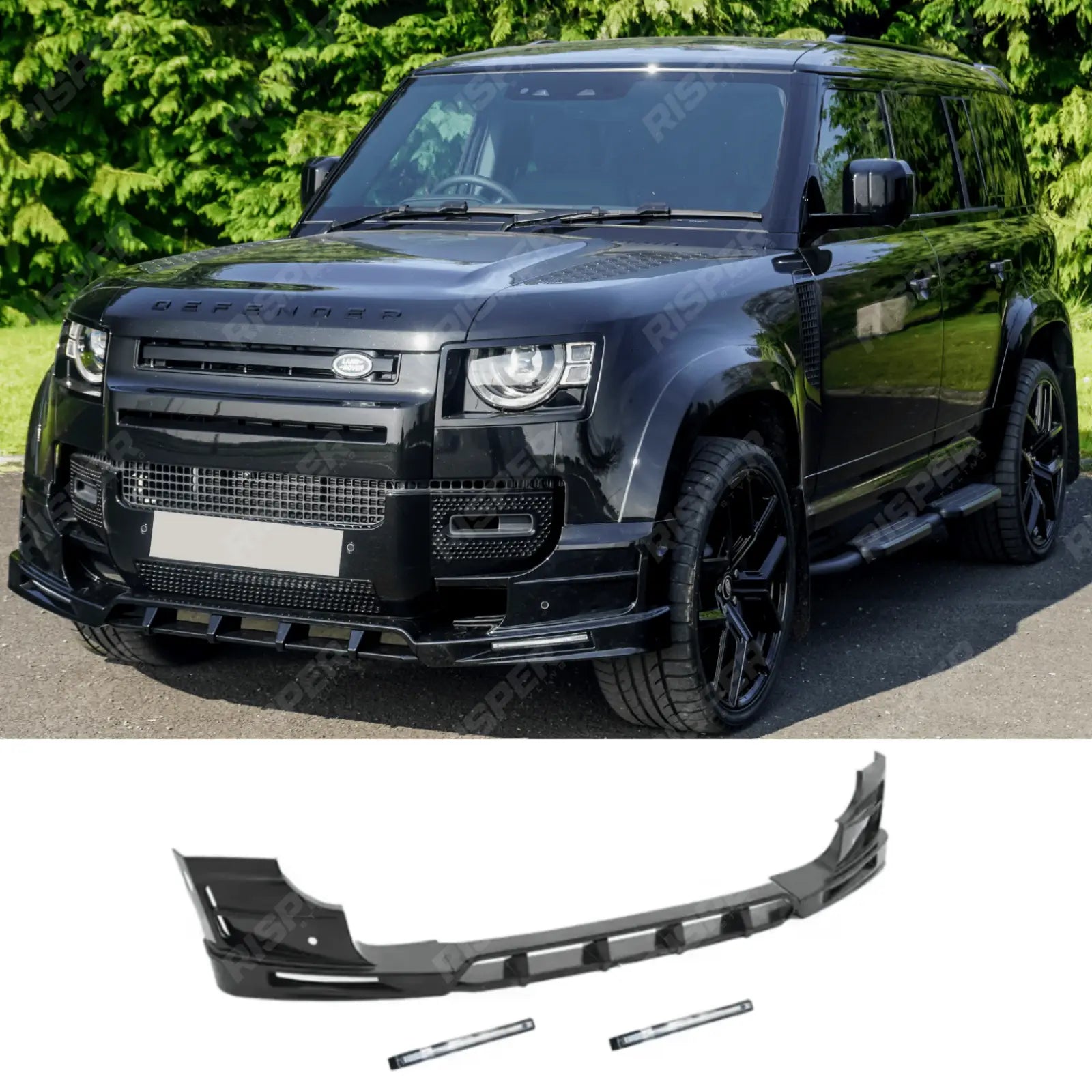 Land Rover Defender L663 2020 On - V2 Front Bumper Splitter With Led's In Gloss Black