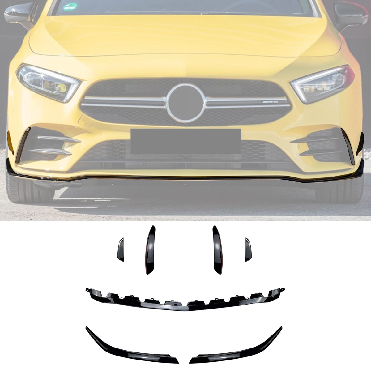 MERCEDES A CLASS AMG LINE W177 FACELIFT 2023+ FRONT SPLITTER WITH CANARDS IN GLOSS BLACK