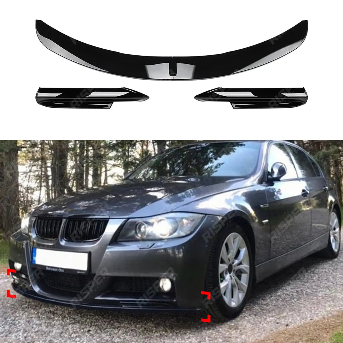 3 Piece Front Splitter in Gloss Black For BMW E90 E91 2005-2008 Pre Facelift M Sport - Front Splitter