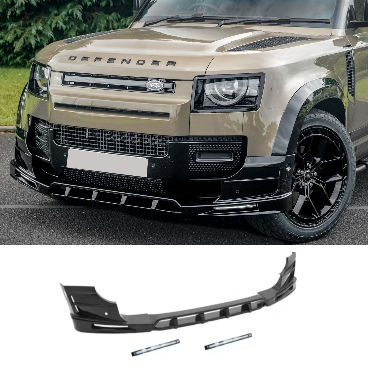 Land Rover Defender L663 2020 On - V2 Front Bumper Splitter With Led's In Gloss Black