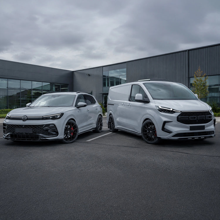 A white Volkswagen Transporter van and a white Volkswagen Golf R Styled with Risper Styling Products