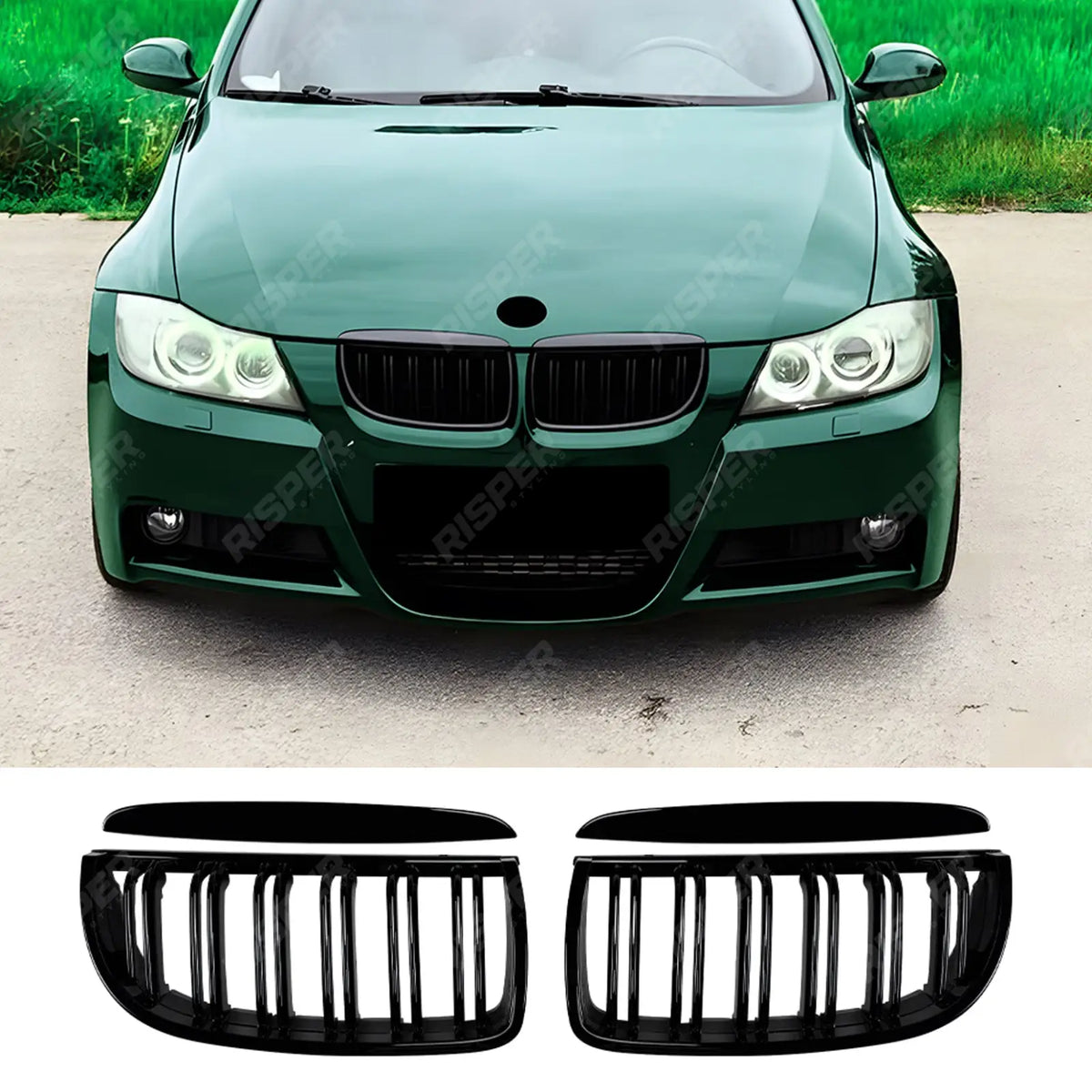 Double Slat Front Grill in Gloss Black For BMW E90 E91 Pre LCI 2005-2008 - Grilles