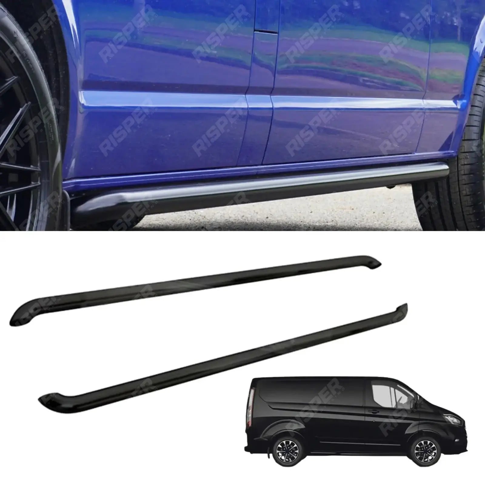 Ford Transit Custom Lwb 2018 - 2023 2.4 Inch Gloss Black Oe Style Sportline Side Bars - Pair