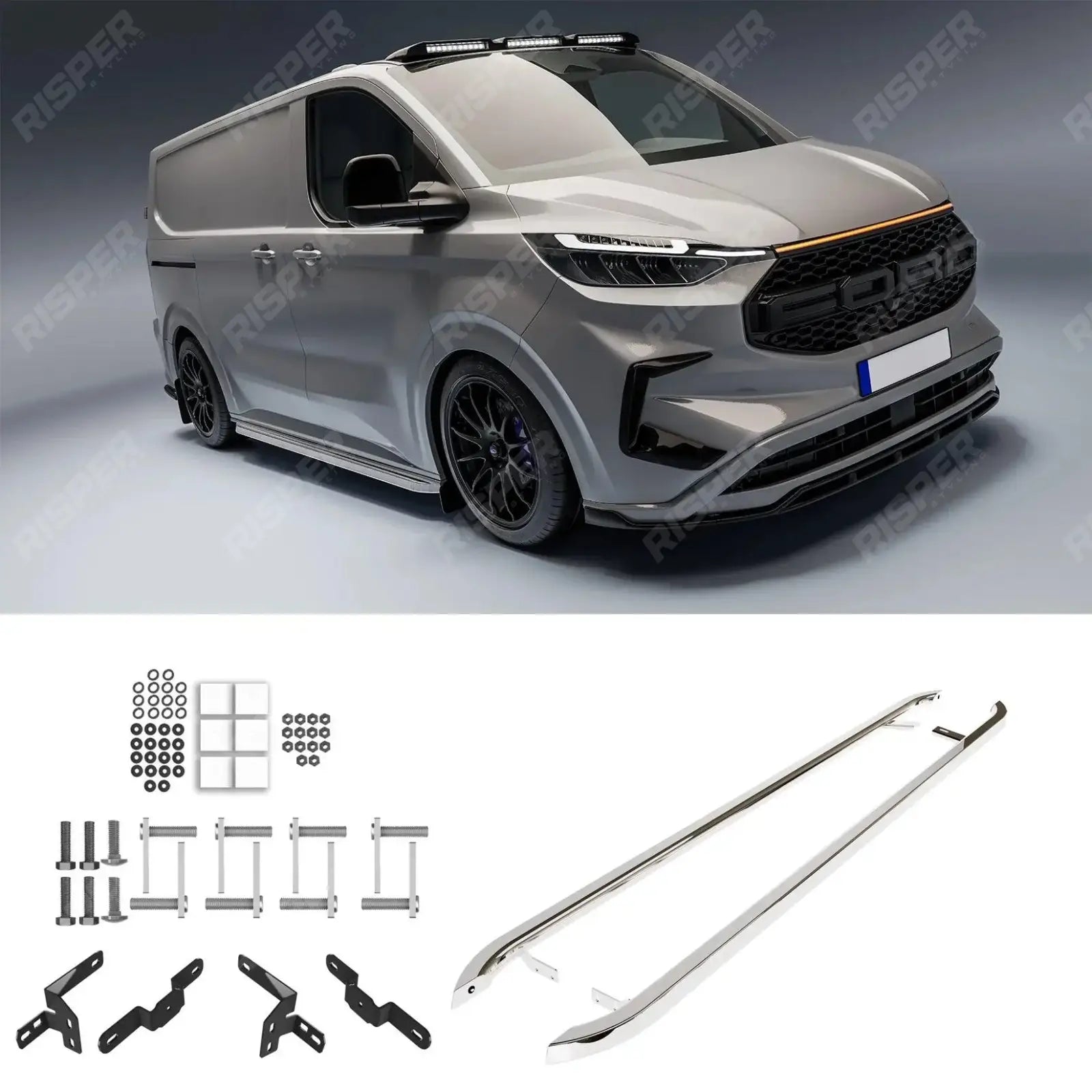 Ford Transit Custom MK2 LWB 2024 On Trapezoid Side Bars In Stainless Steel Main image