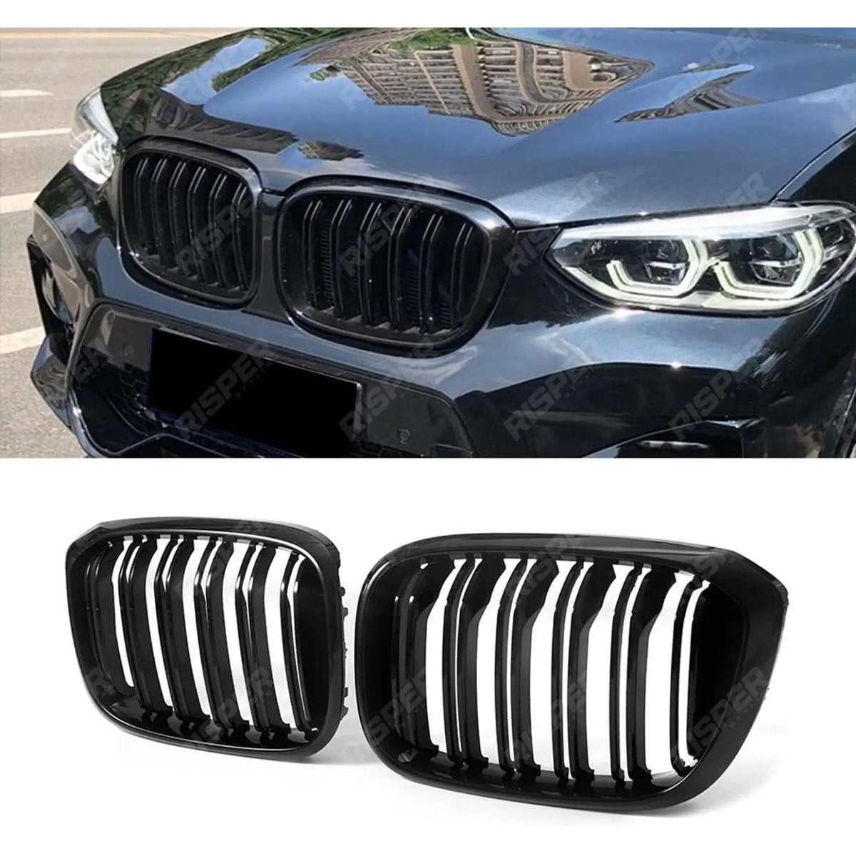 BMW X3 G01 X4 G02 2018+ - Gloss Black M Dual Slat Kidney Grill Main image