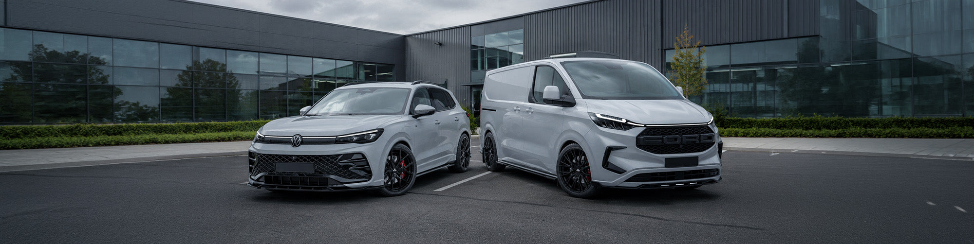 A white Volkswagen Transporter van and a white Volkswagen Golf R Styled with Risper Styling Products