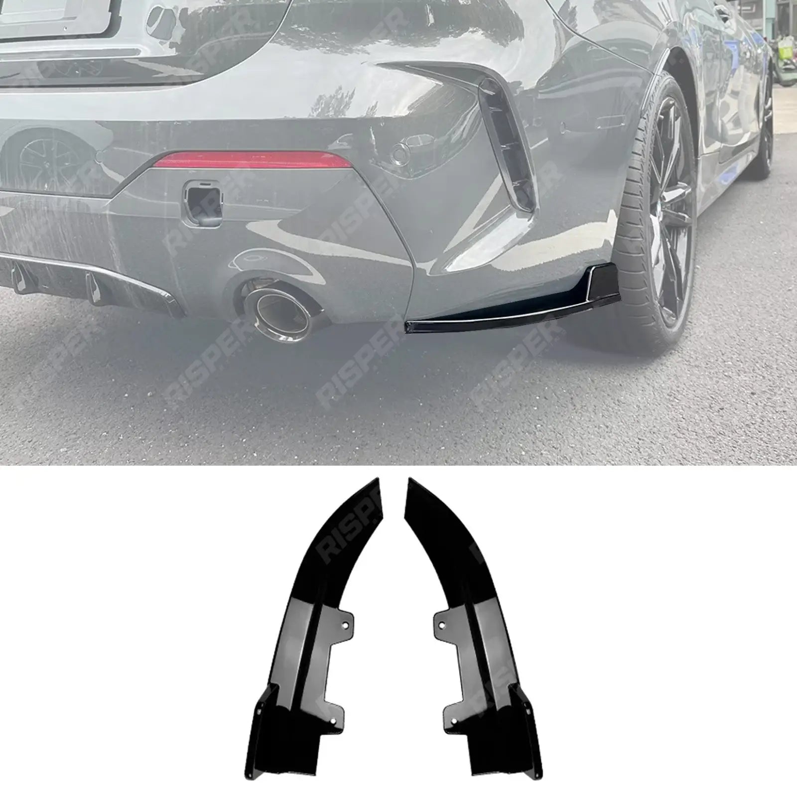 BMW 4 SERIES G22 G23 M SPORT 2020+ REAR BUMPER CORNER SPLITTERS IN GLOSS BLACK Rear Side Splitters Main image