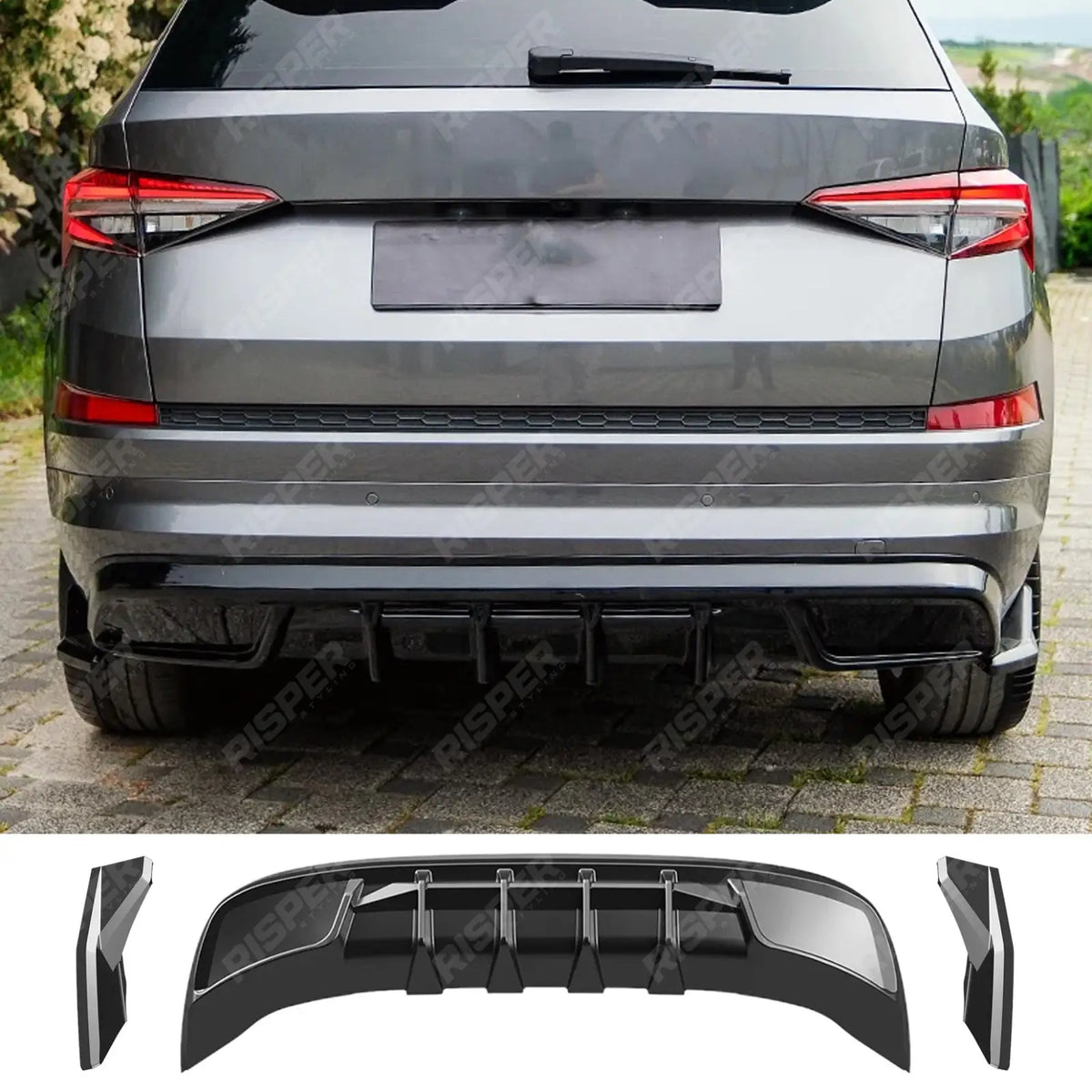 Rear Diffuser With Rear Side Splitters For Skoda Kodiaq Sportline Mk1 Facelift 2021-2023 - Diffuser Main image