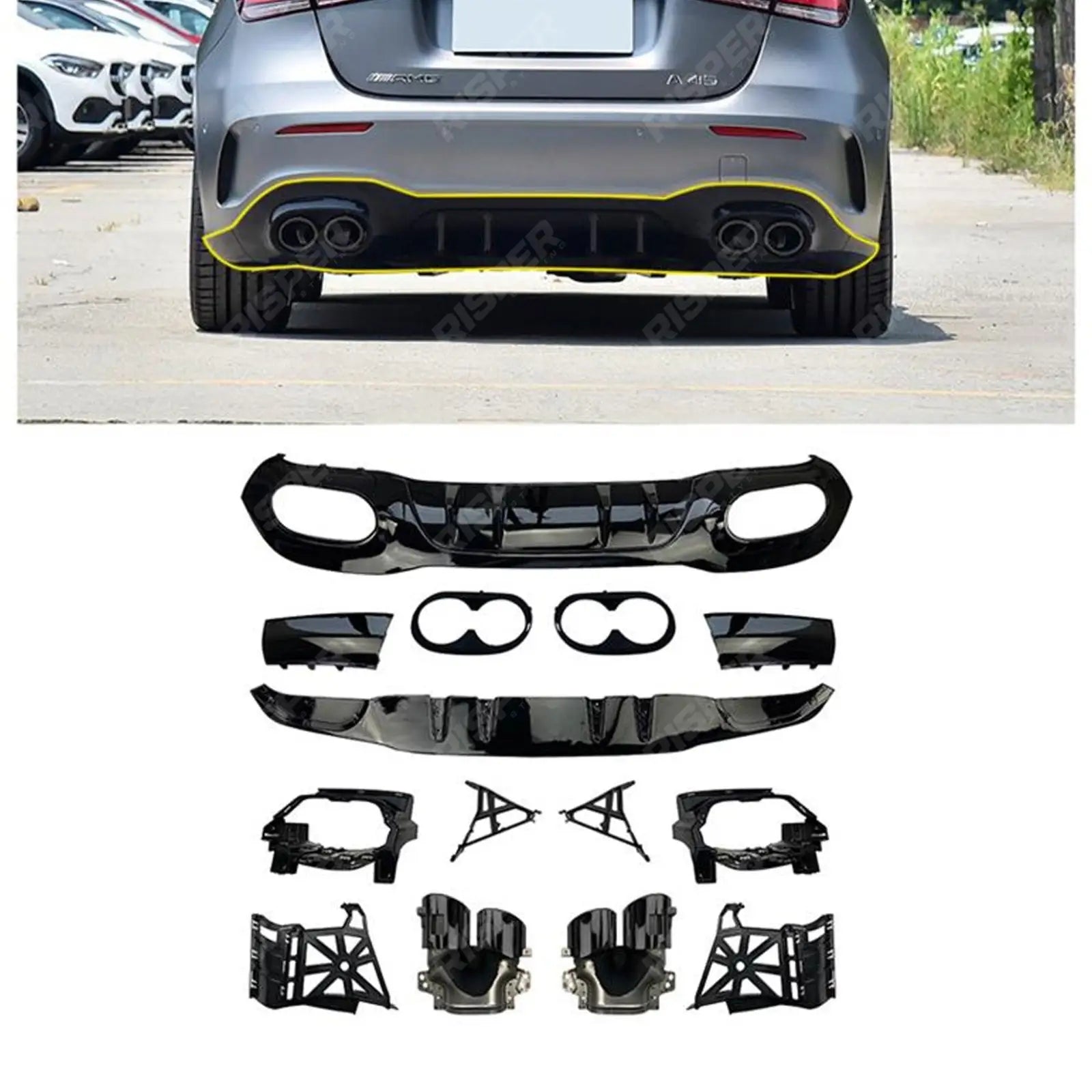 Rear Diffuser With Tips Gloss Black For Mercedes A Class AMG LINE 2018-2024 Hatchback A45 AMG - Diffuser Main image