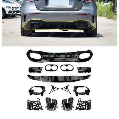 Rear Diffuser With Tips Gloss Black For Mercedes A Class AMG LINE 2018-2024 Hatchback A45 AMG - Diffuser