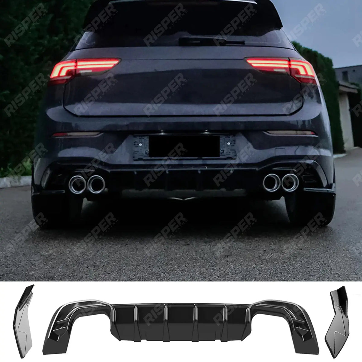 VW Golf Mk8 Standard Rear Valance With Side Splitters in Gloss Black - Diffuser