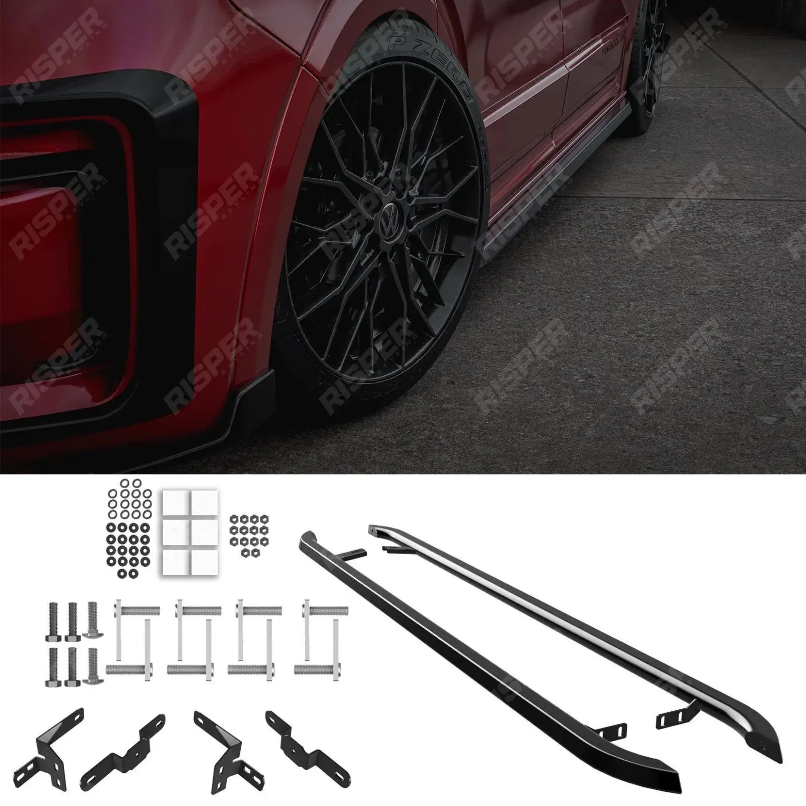 Volkswagen Transporter LWB T7 2025 on Trapezoid Side Bars In Gloss Black Main image
