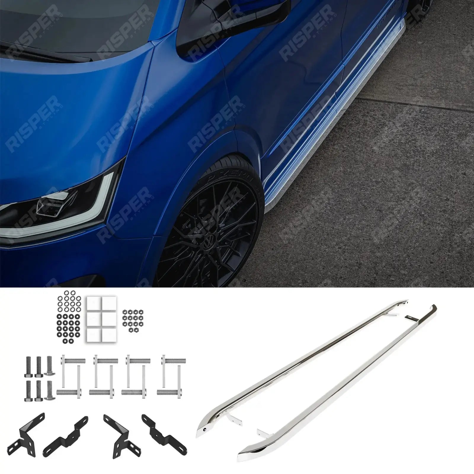 Volkswagen Transporter LWB T7 2025 On Trapezoid Side Bars In Stainless Steel Main image