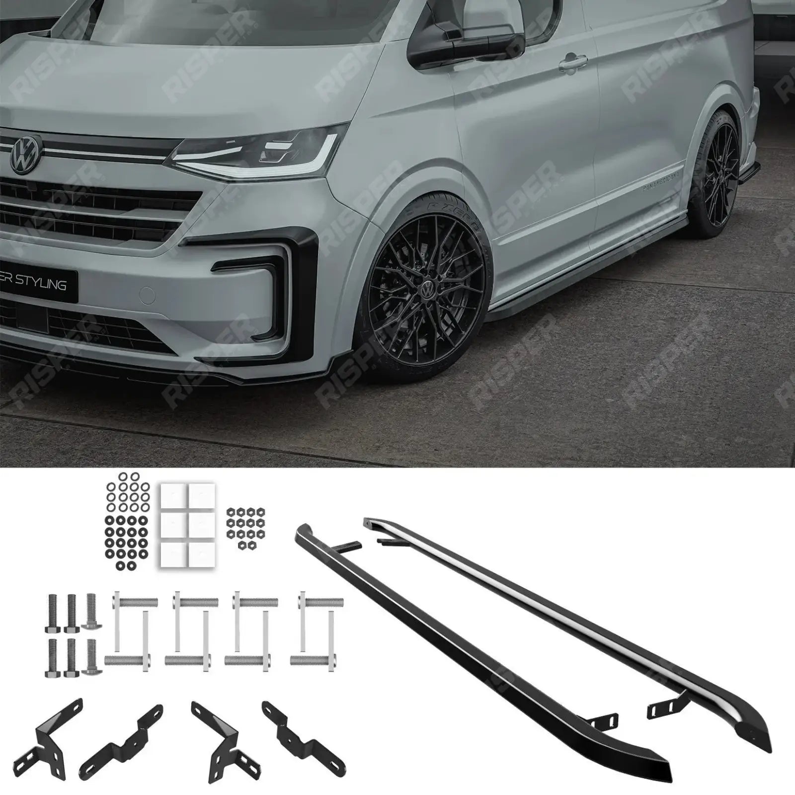 Volkswagen Transporter SWB T7 2025 on Trapezoid Side Bars In Gloss Black Main image