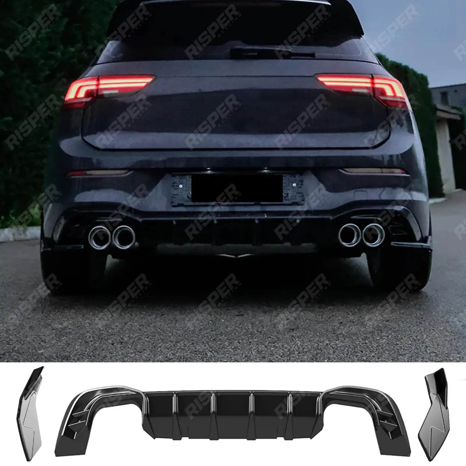 VW Golf Mk8 Standard Rear Valance With Side Splitters in Gloss Black - Diffuser Main image