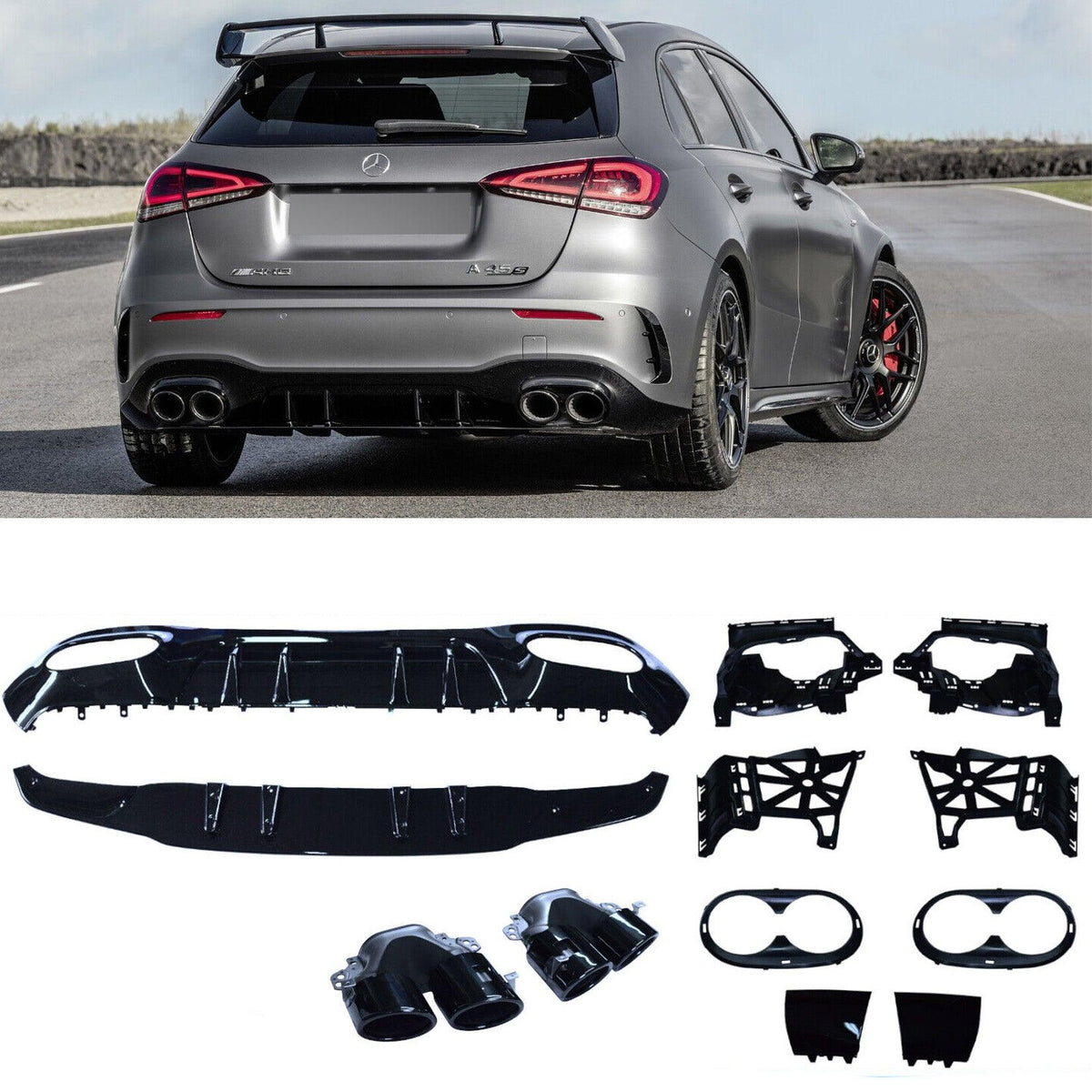 MERCEDES A-CLASS W177 2018 ON "A45" LOOK REAR DIFFUSER WITH TAILPIPES TWIN EXIT QUAD TIP - GLOSS BLACK - RisperStyling